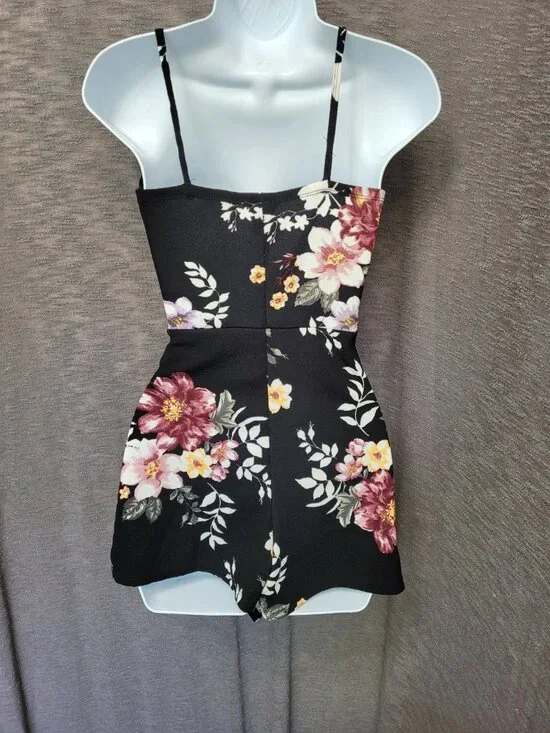 Womens Y2K Babydoll Asymmetric Fairy Grunge Romper Size S Black Floral Artsy - Picture 14 of 14